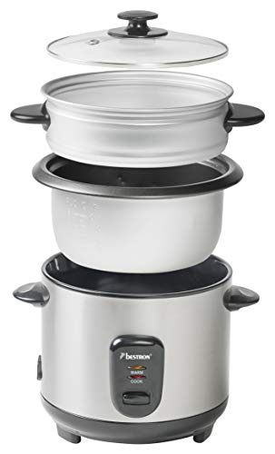Bestron Olla Arrocera Grande con Recipiente de Cocción al Vapor y Función de Retención de Calor, 1 Litro, 400 Vatios, Acero Inoxidable
