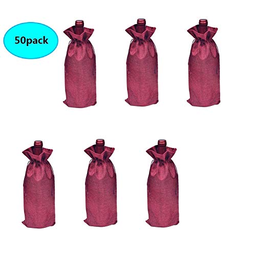 BestTas 50pcs Bolsas de Vino de Yute Envuelve Bolsas de Regalo de Botella de Vino de Yute de Lino Natural Paquete con Cordón 35 X 15 Cm (Burdeos Oscuro)