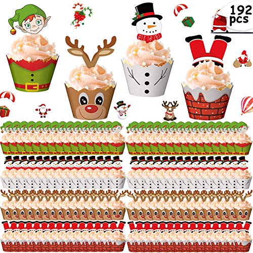 BESTZY 192pcs Navidad Toppers Envolturas Magdalena con Diseño Navideño para La Decoración Pasteles Fiesta Navidad