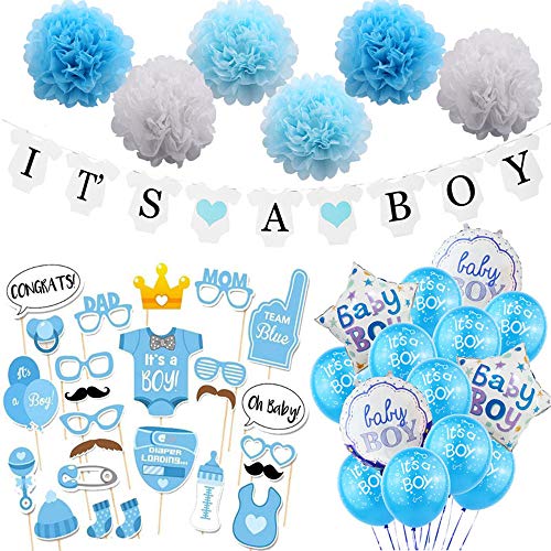 Besylo Gender Reveal Party, 46pcs Baby Shower Decorations,con pancarta de niño o niña, globo de confeti que revela el género del bebé, accesorios para fotos, adornos para cupcakes y pegatinas (niño)