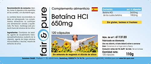 Betaína HCl 650mg - Clorhidrato de Betaína - Vegana - Alta pureza - 120 Cápsulas