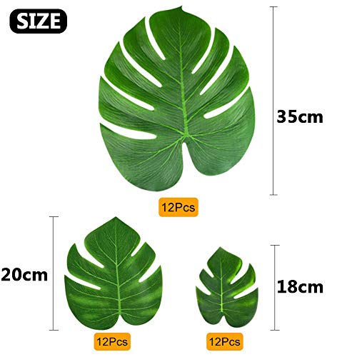 BETOY 36 pcs Hoja de Palma Tropical, Hoja Verde Artificial Monstera para Hawaiian Luau Fiesta de Aloha Jungle Theme BBQ cumpleaños Weedding Party Decoraciones de Mesa 3 tamaños