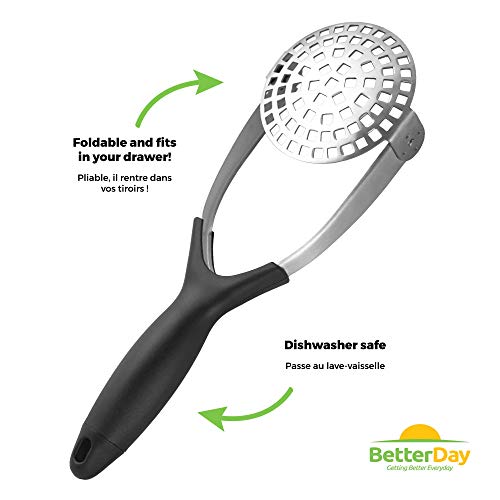 BetterDay® Pasapurés Prensa Patatas Profesional Robusto Pisapuré Prensa de puré de ACERO INOXIDABLE Pasapure Plegable Seguro en el Lavavajillas LE OFRECEMOS 3 RECETAS DE PURE