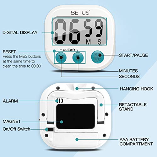 Betus Temporizador de Cocina Digital - Grandes dígitos, operación Simple - Almohadilla magnética o Soporte de Mesa - Cuenta cronómetro hacia Arriba y hacia Abajo para cocinar