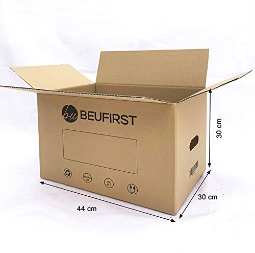 BEUFIRST Pack de 20 cajas de cartón con asas (Tallas M y XL). Cajas para mudanzas, almacenaje y transporte muy resistentes. Alto gramaje en canal simple reforzado y cartón ecológico. (440x300x300 mm)