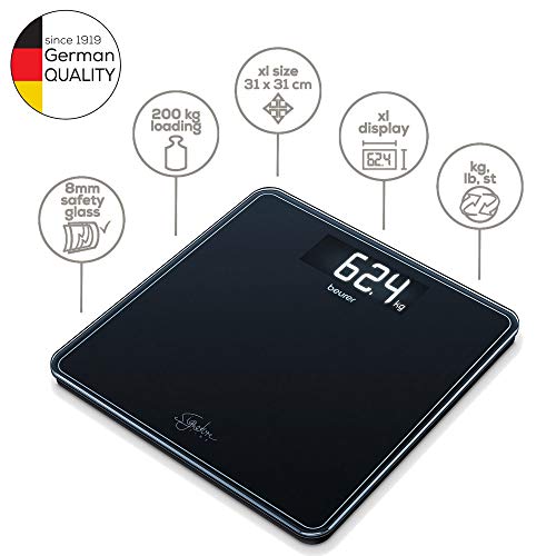 Beurer GS400 Blanca Báscula Digital De Vidrio, Vidrio Seguridad 8Mm, 200Kg /100 g, Pantalla LCD Retroiluminada Grandes Dígitos 3.9 cm, Apagado Automático, Color Negro