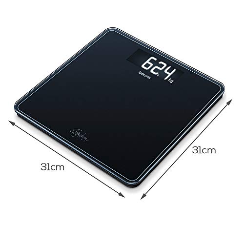Beurer GS400 Blanca Báscula Digital De Vidrio, Vidrio Seguridad 8Mm, 200Kg /100 g, Pantalla LCD Retroiluminada Grandes Dígitos 3.9 cm, Apagado Automático, Color Negro