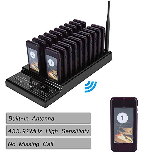 Bewinner Restaurante Pager Sistema de Llamadas Inalámbrico Restaurante Pagers 1 Transmisor + 20 Pagers 999 Canales Sistema de Llamadas Área de Restauración de Café:Evite Esperar en Cola Larga(EU pulg)