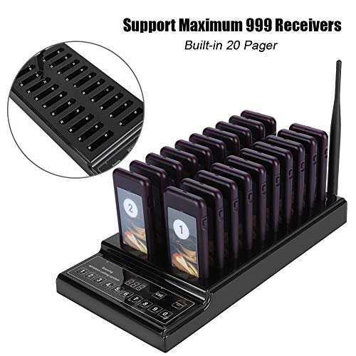 Bewinner Restaurante Pager Sistema de Llamadas Inalámbrico Restaurante Pagers 1 Transmisor + 20 Pagers 999 Canales Sistema de Llamadas Área de Restauración de Café:Evite Esperar en Cola Larga(EU pulg)
