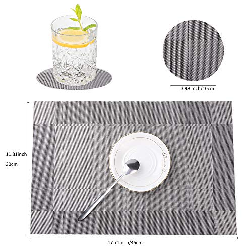 BEYAOBN Manteles Individuales,Juego de12 Lavables Salvamantele Individuales und posavasos PVC Antideslizantes Resistente al Calor Antideslizante Fácil de Limpiar y Impermeable 45x30 CM(Plateado Gris)