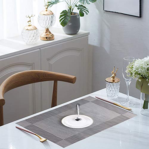 BEYAOBN Manteles Individuales,Juego de12 Lavables Salvamantele Individuales und posavasos PVC Antideslizantes Resistente al Calor Antideslizante Fácil de Limpiar y Impermeable 45x30 CM(Plateado Gris)