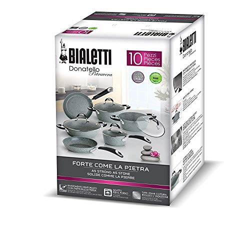 Bialetti Donatello Petra Induzione Kit de cacerolas - Kits de cacerolas (Gris, Aluminio, Petravera Plus, Azul/Acero Inoxidable, Silicona, 230 °C)