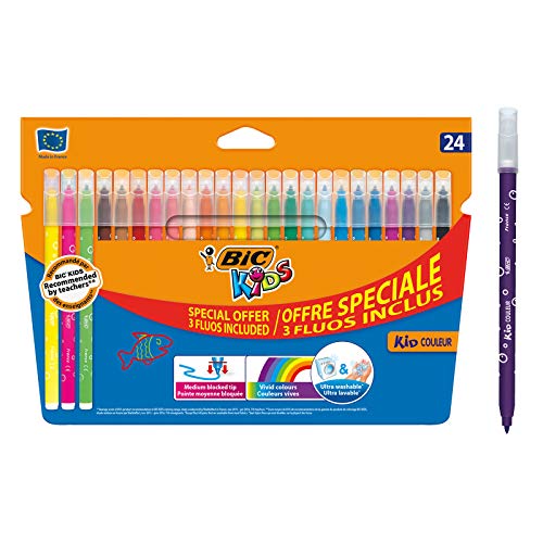 BIC Kids - Kid Couleur Rotuladores Punta Media, Caja de 24, Pack especial, Colores Surtidos