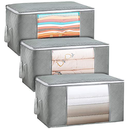 BICASLOVE Bolsa de Almacenamiento 3 Paquetesde Plegable Organizador de Gran Capacidad para Edredones, Mantas, Ropa Organizador de Asa Reforzada con Cremallera Robusta,Gris