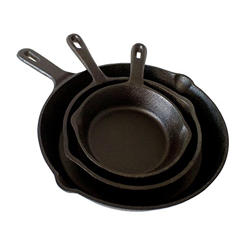 Big BBQ Set of Three Frying Pans and Steak Pan Cast Iron Round Smooth
