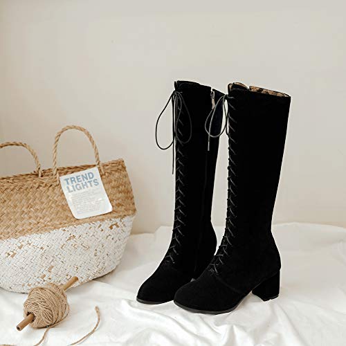 BIGTREE Botas Altas hasta la Rodilla Zapatos de Mujer Criss Cross Lace Back Otoño Invierno Botas de Motorista Partido Cremallera Lateral Botas de Moto Tacón de Bloque Sexy Botas de Montar Negro