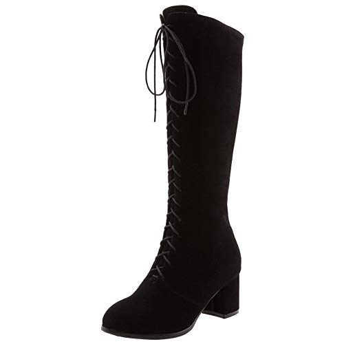 BIGTREE Botas Altas hasta la Rodilla Zapatos de Mujer Criss Cross Lace Back Otoño Invierno Botas de Motorista Partido Cremallera Lateral Botas de Moto Tacón de Bloque Sexy Botas de Montar Negro