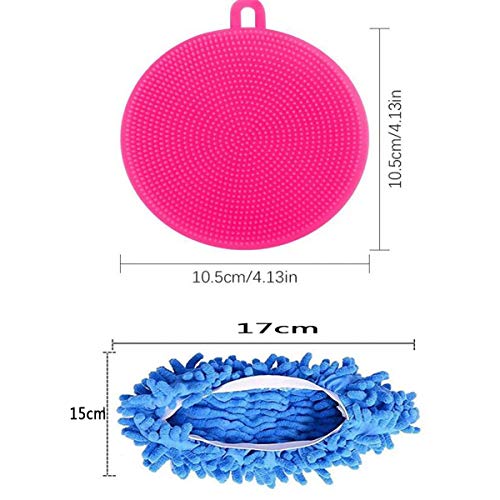 Biluer Cepillo de Limpieza Multifuncional, 8PCS Esponja de Silicona Cepillo de Cocina and 3 Pares Zapatillas de Microfibra Fregona Zapatos para Cocina Hogar Lavavajillas Descontaminación