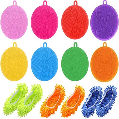 Biluer Cepillo de Limpieza Multifuncional, 8PCS Esponja de Silicona Cepillo de Cocina and 3 Pares Zapatillas de Microfibra Fregona Zapatos para Cocina Hogar Lavavajillas Descontaminación