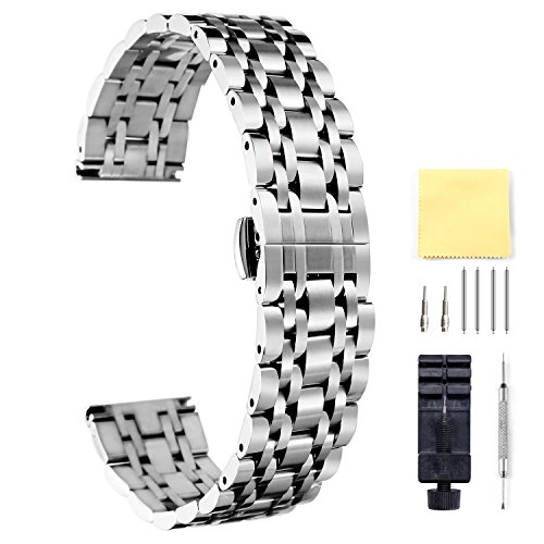 BINLUN - Correa de reloj en acero inoxidable en 6 colores (oro, plata, negro, oro rosa, tono dorado, tono oro rosa), 17 tamaños (10 mm – 26 mm)