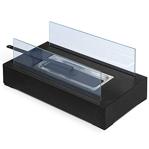 Biochimenea - con Quemador de Acero Inoxidable, Paneles de Vidrio, Apagador de Llama, Base Rectangular de Color Negro, 35x18,2x14,6cm - Chimenea de Bioetanol