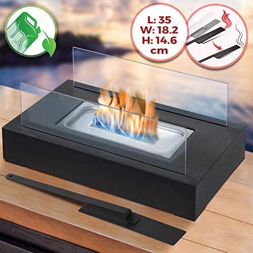 Biochimenea - con Quemador de Acero Inoxidable, Paneles de Vidrio, Apagador de Llama, Base Rectangular de Color Negro, 35x18,2x14,6cm - Chimenea de Bioetanol