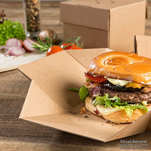 BIOZOYG 100x Burger-Box con Tapa Plegable I Bio cartón compostables Embalaje para Hamburguesa cartón Kraft con Agujero I Estable para Embalaje To Go cartón marrón 13x13x10cm, Cuadrado
