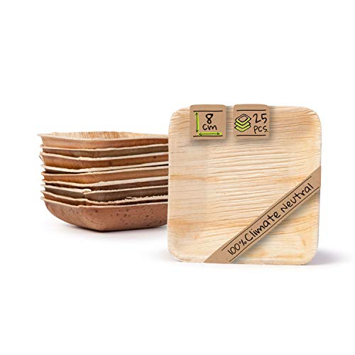 BIOZOYG Set Cuencos Snacks I 25 Piezas orgánicas Desechables Cuadrados 80ml, 8x8cm I Party vajilla compostable, Biodegradable I Hojas Palma vajilla desechable para Fingerfood Dips degustación Buffet