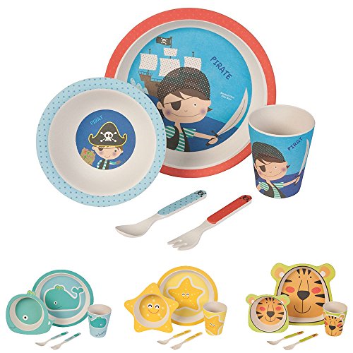 BIOZOYG Set vajilla Infantil de bambú sin bpa 5 Piezas I Motivo Pirata I Servicio de Mesa cubertería para niños Tazón Vaso de Beber Plato para niños I Reciclaje de Material Natural