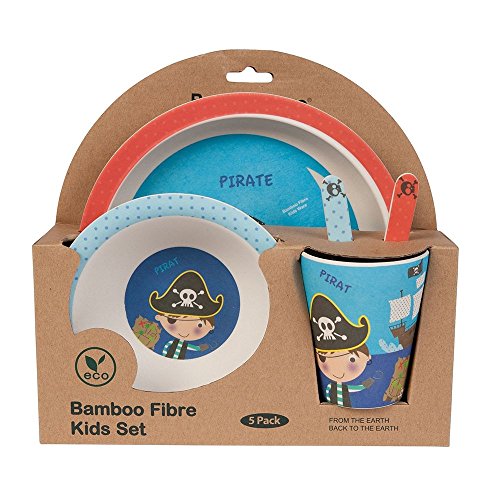 BIOZOYG Set vajilla Infantil de bambú sin bpa 5 Piezas I Motivo Pirata I Servicio de Mesa cubertería para niños Tazón Vaso de Beber Plato para niños I Reciclaje de Material Natural