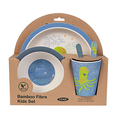 BIOZOYG Set vajilla Infantil de bambú sin bpa 5 Piezas I Motivo Pulpo I Servicio de Mesa cubertería para niños Tazón Vaso de Beber Plato para niños I Reciclaje de Material Natural