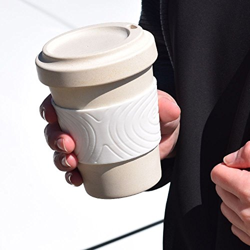 BIOZOYG Taza de café de bambú sustentable Libre de BPA con Tapa y Agarre de Silicona I Taza de Bebida Caliente Taza de té, Taza de Cacao, Taza orgánica portátil I Blanco 300 ml