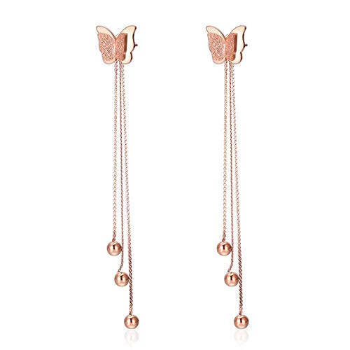 BJZP Pendientes Damas Rectificado Arena Mariposa Colgante Acero Inoxidable Espárragos Largos Oro Rosa