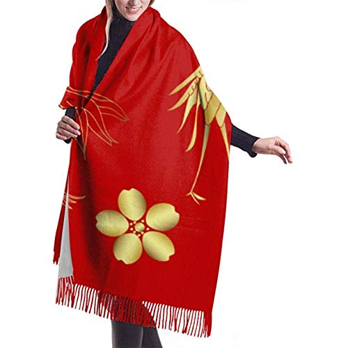 Bklzzjc Bufanda de Invierno para Mujer Cachemira Feel Gold Garza Japonesa Pájaro Sakura Flor Bufandas Chal Elegante Envolturas Bufandas Suaves y cálidas