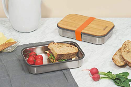 BLACK + BLUM Caja para sándwiches de Acero Inoxidable y bambú Natural, Color Negro y Azul, Acero Inoxidable, Naranja, Small