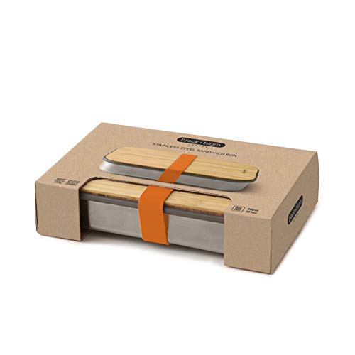 BLACK + BLUM Caja para sándwiches de Acero Inoxidable y bambú Natural, Color Negro y Azul, Acero Inoxidable, Naranja, Small