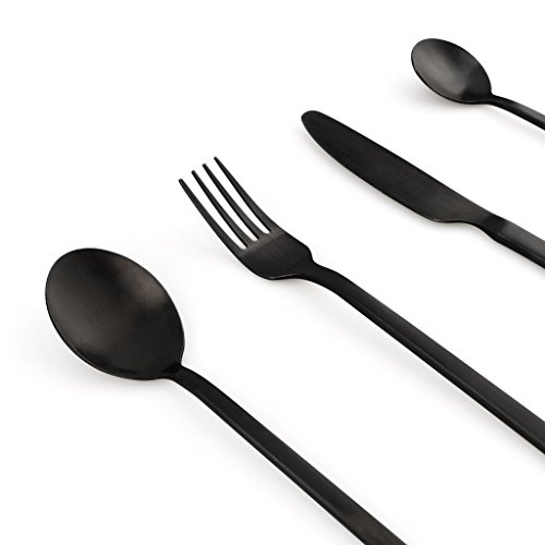 Black Velvet Studio Juego Cubiertos 4 en Acero Inoxidable Color Negro Mate – Pack Set Cubertería Cuchara Tenedor Cuchillo - Estilo de Líneas Rectas – Vintage Moderno Retro Chic Table 20 * 2cm.
