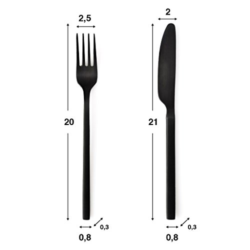 Black Velvet Studio Juego Cubiertos 4 en Acero Inoxidable Color Negro Mate – Pack Set Cubertería Cuchara Tenedor Cuchillo - Estilo de Líneas Rectas – Vintage Moderno Retro Chic Table 20 * 2cm.