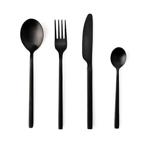 Black Velvet Studio Juego Cubiertos 4 en Acero Inoxidable Color Negro Mate – Pack Set Cubertería Cuchara Tenedor Cuchillo - Estilo de Líneas Rectas – Vintage Moderno Retro Chic Table 20 * 2cm.
