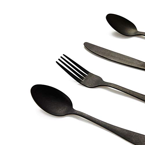 Black Velvet Studio Juego Cubiertos 4 en Acero Inoxidable Color Negro Mate – Pack Set de Cubertería Cuchara Tenedor Cuchillo - Estilo de Líneas Rectas – Vintage Moderno Retro Viking 21 * 25cm.