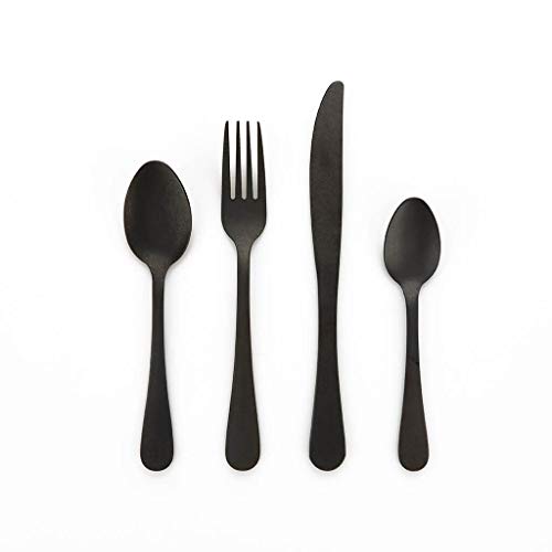Black Velvet Studio Juego Cubiertos 4 en Acero Inoxidable Color Negro Mate – Pack Set de Cubertería Cuchara Tenedor Cuchillo - Estilo de Líneas Rectas – Vintage Moderno Retro Viking 21 * 25cm.
