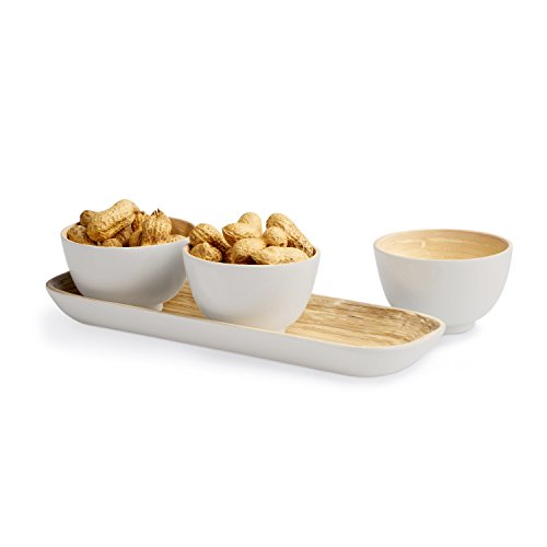Black Velvet Studio Set Pack 3 Bols + Bandeja Bambú Servir Brillante Color Gris Claro Brillante Natural - Snacks Aperitivo Desayuno - Estilo Nórdico Étnico Retro Vintage Modelo Cannes 5 * 8 * 25cm.