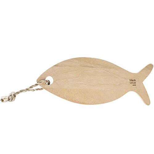 Black Velvet Studio - Tabla de Cortar Fish Madera de Mango y Polipiel, Color Natural. Forma de pez. Estilo nórdico 48x20x3 cm.