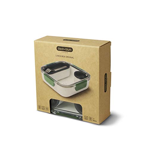 Black+Blum | Contenedor de alimentos sin BPA, a prueba de fugas, apto para microondas, con tenedor de acero inoxidable, oliva, 1000 ml / 34f l oz