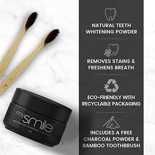 Blanqueador Dental Carbón Activado y Cepillos Bambu Natural mysmile - 100% Natural y Vegano, Rico en Bicarbonato de Sodio, Polvo de Carbón Activo Dientes de Coco y Aceite de Menta, Sin Peróxido