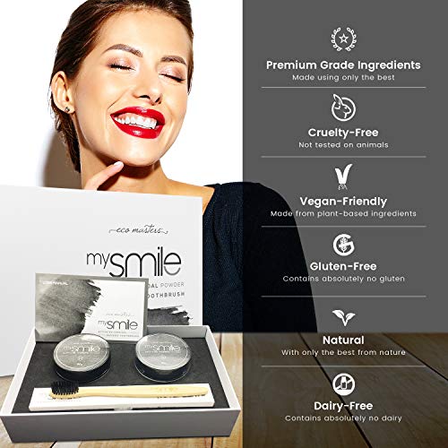 Blanqueador Dental Carbón Activado y Cepillos Bambu Natural mysmile - 100% Natural y Vegano, Rico en Bicarbonato de Sodio, Polvo de Carbón Activo Dientes de Coco y Aceite de Menta, Sin Peróxido