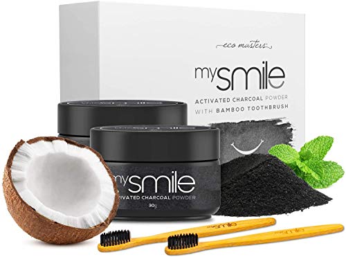 Blanqueador Dental Carbón Activado y Cepillos Bambu Natural mysmile - 100% Natural y Vegano, Rico en Bicarbonato de Sodio, Polvo de Carbón Activo Dientes de Coco y Aceite de Menta, Sin Peróxido