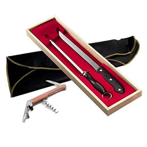 BlendNature Cuchillo Jamonero Profesional y Chaira en Estuche Madera Regalo + Cubre Jamon + Practico Abridor Botellas de Vino – para Regalarte y Regalar