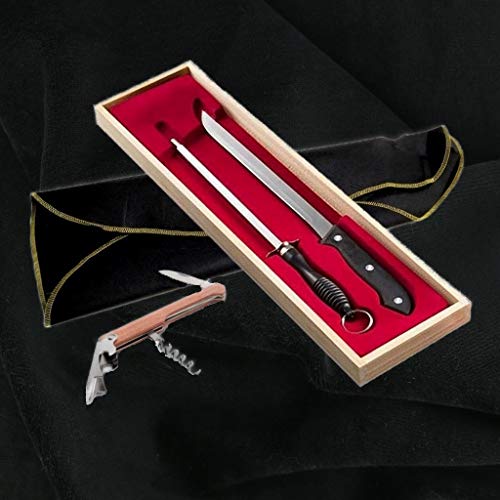 BlendNature Cuchillo Jamonero Profesional y Chaira en Estuche Madera Regalo + Cubre Jamon + Practico Abridor Botellas de Vino – para Regalarte y Regalar