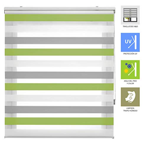 Blindecor Lira - Estor Enrollable, Doble Tejido, Noche y día, Tricolor, Poliéster, Color Gris Pistacho, 100 x 180 cm